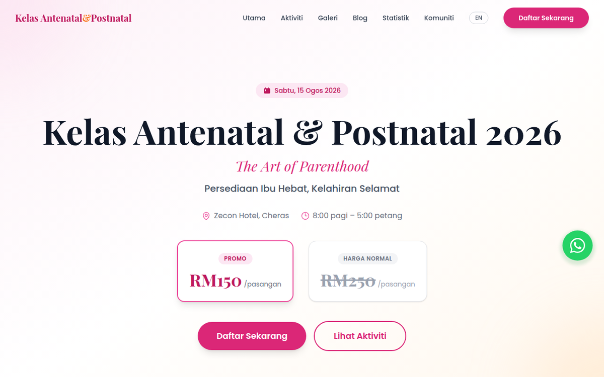 Antenatal.my homepage showing the Kelas Antenatal & Postnatal 2026 hero with countdown and pricing