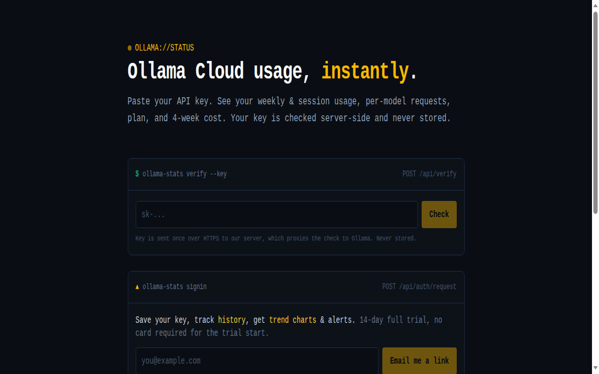 Ollama Stats homepage — usage status dashboard for Ollama Cloud API keys