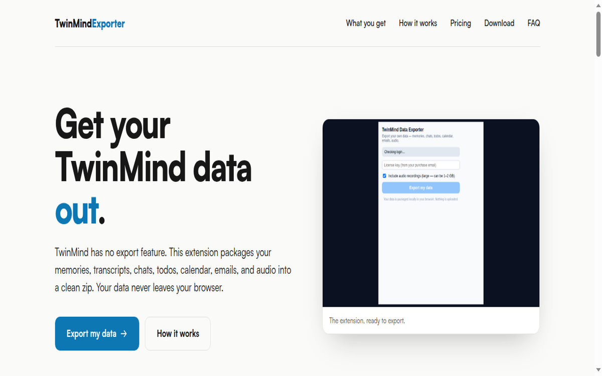 TwinMind Data Exporter homepage — export memories, transcripts, chats and audio to a local zip